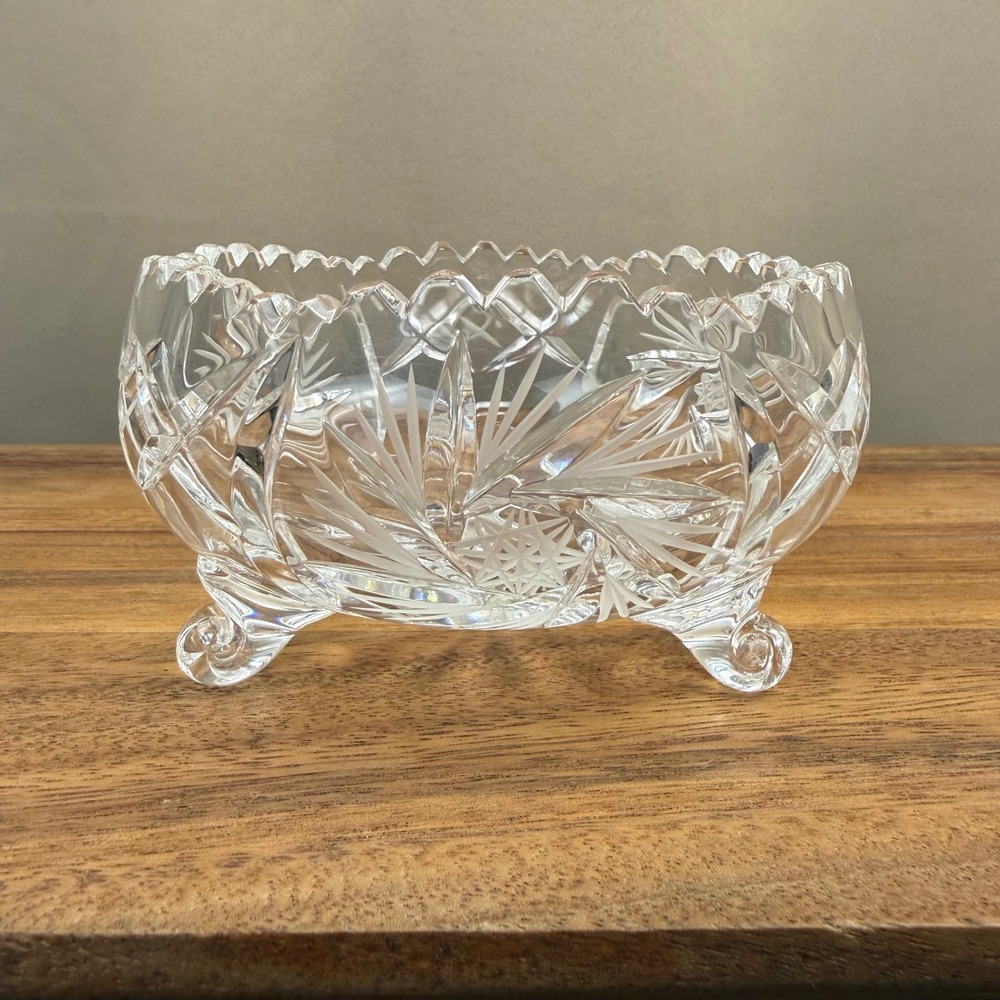 Vintage Clear Cut Glass Footed Bowl Hobstar Pattern Scalloped Rim 3 Legged 4.25"